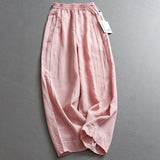 Solid color thin linen blend breathable elastic waist loose wide-leg pants high waist bloomers women's pants casual pants X235