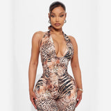 New summer new wild elegant dark v contrasting color neck strap backless leopard print jumpsuit