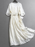 Solid color hollow lace V-neck lace-up elastic waist slim five-quarter sleeve  summer new women's dress dress Z599