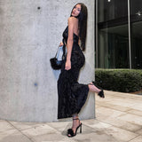 2025 G24ST363   Spice Girl Vacation Wind Sexy Perspective Deep Neck Suspender Hollow Long Ribbon Suit Female