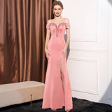 2025 Evening dress dress woman's one-word shoulder slim and thin banquet temperament simple celebrity banquet dinner long fishtail skirt