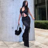 2025 G24ST363   Spice Girl Vacation Wind Sexy Perspective Deep Neck Suspender Hollow Long Ribbon Suit Female