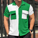 KKBOXLY 2025 24 summer new men's cardigan T-shirt  loose lapel casual color matching shirt multi-pocket short sleeve
