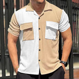 KKBOXLY 2025 24 summer new men's cardigan T-shirt  loose lapel casual color matching shirt multi-pocket short sleeve