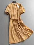Solid color organ pleated V-neck  style bubble sleeve belt slim summer new short-sleeved women's dress X211