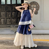 Small fresh blue plaid splicing straps neck vest cake skirt two-piece set women's suspender top C0217