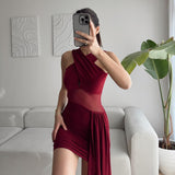 2025 niche temperament sexy slim cross neck dress pleated tulle casual hip skirt design sense
