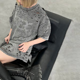2025 street style design feeling hot diamond metal buckle hole old T-shirt loose versatile trendy brand five-quarter sleeve top