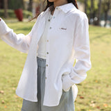 Letter embroidered pure linen shirt women's  spring and summer new sunscreen loose top thin casual long-sleeved cardigan