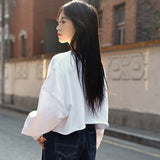 Classic crew neck solid color sweater women's clothing spring and autumn loose casual short top shoulder bubble sleeve jumper