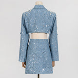 2025 Fashion temperament dress women's  spring new pearl splicing high-end waist design long-sleeved short skirt