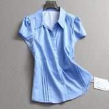 Solid color organ pleated lace-up waist slim lapel bubble sleeve  summer new short-sleeved versatile shirt women's L900