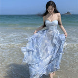 2025 Coffee break  blue suspender dress women's summer new seaside vacation beach dress sunset fairy skirt