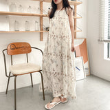 Designer original design linen suspender skirt, heavy industry niche cotton and linen A-shaped long skirt printed lace-up dress