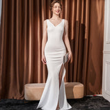2025 White evening dress women's light luxury niche high-end temperament sexy car model falling to the ground fishtail skirt long banquet host