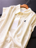 Solid color shoulder pinch pleated bunny embroidered lapel loose and thin summer new sleeveless versatile blouse X316
