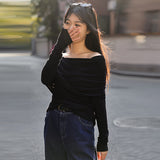 Design sense solid color one-word shoulder bottoming shirt spring new slim-fitting and thin inner top long-sleeved off-the-shoulder knitted sweater