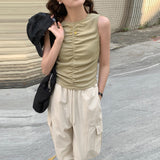 summer new simple sleeveless vest female slim slim and thin versatile pure pleated design sweet and spicy top