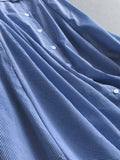 Blue striped lace-up waist slim lapel shirt skirt  summer new short-sleeved long dress dress X795