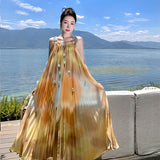 2025 Summer vacation style three-dimensional flower pleated smudged neck dress new loose meat covering and thin suspender dress