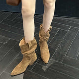 2025  popular autumn and winter new suede pointed thick heel medium heel short boots medium tube boots high heel stacking boots western cowboy boots
