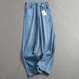 "Comfortable and easy to wear" Solid color soft high waist thin loose straight pants versatile jeans women's pants K909
