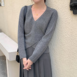 spring pair of placket straps design sense knitted sweater cardigan v-neck wool blend short Internet celebrity top women