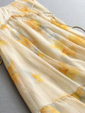 Color Printing Shrinking pleats waist slim slim fit round neck streamer elegant temperament suspender skirt women's dress dress X076