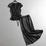 Solid color thin light luxury high-end temperament satin sleeveless top, a complete set of wear skirt women's suit C204