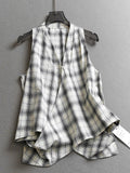 Contrasting color plaid pinch pleated V-neck loose and thin  summer new sleeveless vest versatile women's shirt C069