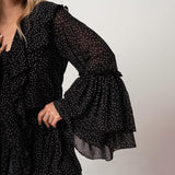 2025 elegant dress lotus leaf collar waist polka dot dress women's new flared sleeve chiffon dress