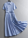 Blue striped lace-up waist slim lapel shirt skirt  summer new short-sleeved long dress dress X795