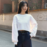 Classic crew neck solid color sweater women's clothing spring and autumn loose casual short top shoulder bubble sleeve jumper