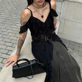 2025 2025n suspender super long irregular shirt high-end design sense niche splicing lace-up top lazy Popular trade