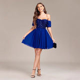 2025new women's one-word shoulder tube top type halter chiffon splicing sequined short dress ball dress