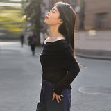 Design sense solid color one-word shoulder bottoming shirt spring new slim-fitting and thin inner top long-sleeved off-the-shoulder knitted sweater