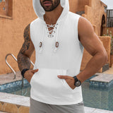 KKBOXLY Hot trade New summer new 2025 young men's casual jacquard knitted hooded lace-up T-shirt sleeveless vest