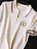 Contrasting color striped lapel embroidery retro twisted flower ice feeling skin-friendly  summer new short-sleeved women's knitted sweater Z310