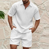 KKBOXLY popular summer New men's casual trend fashionable and comfortable waffle solid color lapel shirt sports suit