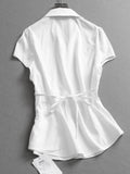 Solid color organ pleated lace-up waist slim lapel bubble sleeve  summer new short-sleeved versatile shirt women's L900
