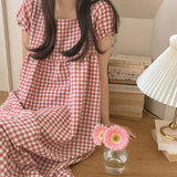 summer little fresh princess style plaid dress retro wrinkle bubble sleeves can be worn outside long nightgown women