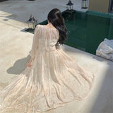 2025 Temperament Gentle Wind Bubble Sleeve V-Neck Printed Yellow Dress Summer High Waist Skinny Holiday Style Long Skirt