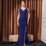 2025 White evening dress women's light luxury niche high-end temperament sexy car model falling to the ground fishtail skirt long banquet host