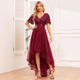 2025elegant V-neck ruffle edge short-sleeved dress fluffy tulle ball irregular front short rear long skirt