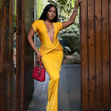 2025 K25DS011  New new women's clothing sexy deep V short-sleeved solid color Spice girl wind pleated long dress