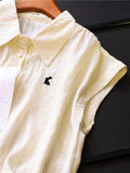 Solid color shoulder pinch pleated bunny embroidered lapel loose and thin summer new sleeveless versatile blouse X316