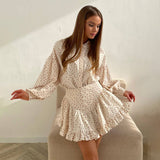 2025 Popular, New Spring and Autumn Casual Comfortable Fresh Printed Lapel Bubble Sleeve Shirt Lace Short Skirt Two-piece Set
