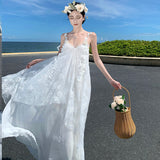 2025 beautiful white lace suspender dress women's summer skirt temperament high-end sexy seaside vacation dress