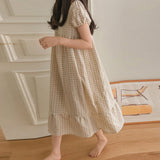 summer little fresh princess style plaid dress retro wrinkle bubble sleeves can be worn outside long nightgown women