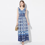 Summer New Women's Clothing Blue and White Porcelain Positioning Printing Elastic Wrap Waist Vest Long Skirt V-Neck Dress